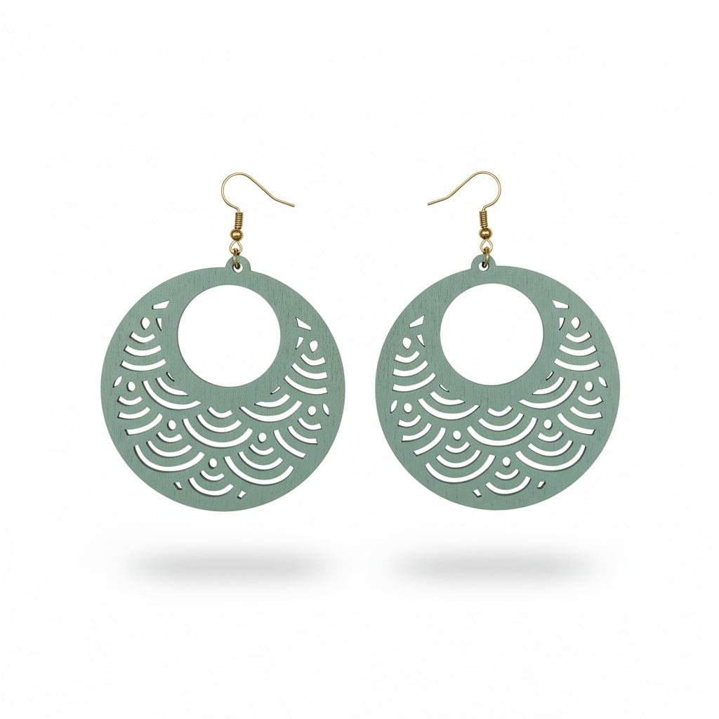 Plunder Design Teal Green Laser Cut Layered Wood Circle Dangle Earrings